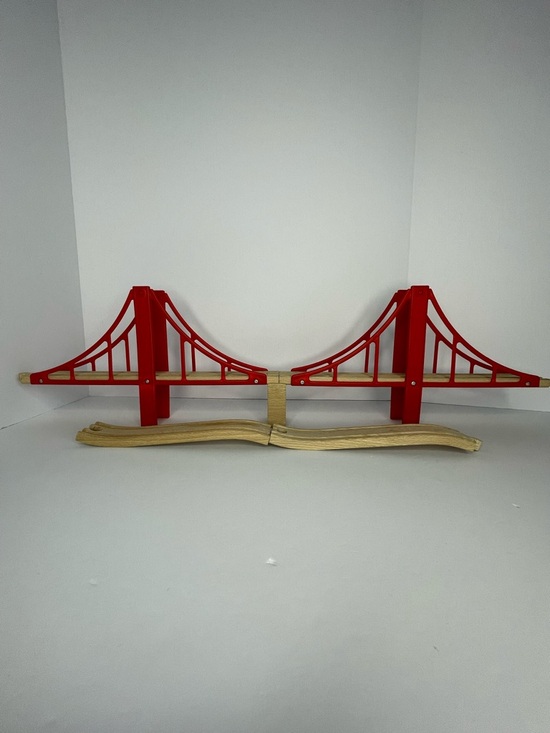Vintage Other - Brio Double Wooden Red Suspension Bridge 2 Ascending Track 1 Support Block